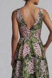 Vestido Verde Escuro de Decote em V Floral Long A Line Mãe da Noiva com Bolsos