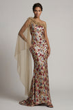 Vestido Longo de Mãe da Noiva com Sereia Floral Vermelha Brilhante com Lantejoulas, com Capa Lateral