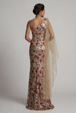 Vestido Longo de Mãe da Noiva com Sereia Floral Vermelha Brilhante com Lantejoulas, com Capa Lateral