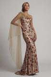 Vestido Longo de Mãe da Noiva com Sereia Floral Vermelha Brilhante com Lantejoulas, com Capa Lateral