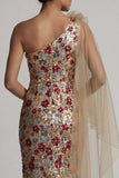 Vestido Longo de Mãe da Noiva com Sereia Floral Vermelha Brilhante com Lantejoulas, com Capa Lateral