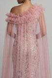 Vestido comprido de mãe da noiva com missangas cor-de-rosa e sereia brilhante com folhos e capa
