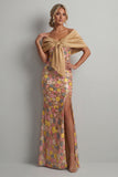 Vestido longo de mãe da noiva com sereia floral amarelo brilhante e fenda