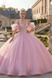 Vestido cor-decote cor-de-rosa com mismangas, Quinceañera, mangas bufantes