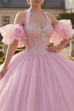 Vestido cor-decote cor-de-rosa com mismangas, Quinceañera, mangas bufantes
