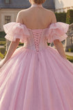 Vestido cor-decote cor-de-rosa com mismangas, Quinceañera, mangas bufantes