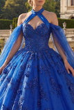Vestido de baile azul real com gola halter, vestido Quinceañera aplicado com mangas cape