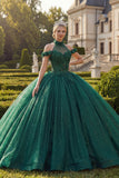 Vestido de baile verde escuro com decote halter e glitter aplicado Quinceañera