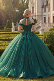 Vestido de baile verde escuro com decote halter e glitter aplicado Quinceañera