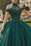 Vestido de baile verde escuro com decote halter e glitter aplicado Quinceañera