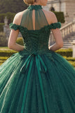 Vestido de baile verde escuro com decote halter e glitter aplicado Quinceañera