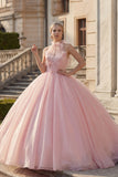 Vestido de baile blush com gola halter e aplicação Quinceañera