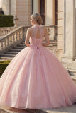 Vestido de baile blush com gola halter e aplicação Quinceañera