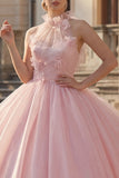 Vestido de baile blush com gola halter e aplicação Quinceañera