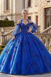 Vestido de baile com decote halter azul real aplicado com purinas e vestido quinceañera