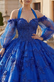 Vestido de baile com decote halter azul real aplicado com purinas e vestido quinceañera