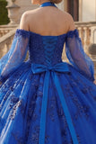 Vestido de baile com decote halter azul real aplicado com purinas e vestido quinceañera