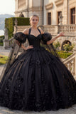 Vestido de baile, decote halter com decote aplicado preto, Quinceañera preta com missangas e mangas bufantes