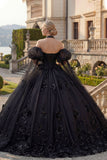 Vestido de baile, decote halter com decote aplicado preto, Quinceañera preta com missangas e mangas bufantes