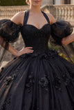 Vestido de baile, decote halter com decote aplicado preto, Quinceañera preta com missangas e mangas bufantes