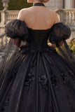 Vestido de baile, decote halter com decote aplicado preto, Quinceañera preta com missangas e mangas bufantes