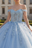 Vestido de baile azul claro com espartilho aplicado e espartilho Quinceañera