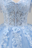 Vestido de baile azul claro com espartilho aplicado e espartilho Quinceañera