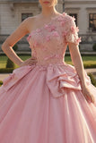 Vestido de baile cor-de-rosa com aplicação de um ombro e vestido de quinceañera