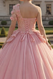 Vestido de baile cor-de-rosa com aplicação de um ombro e vestido de quinceañera
