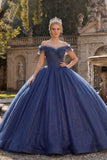 Vestido de baile ombro descoberto Vestido de Princesa Quinceañera com glitter azul-marinho