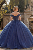 Vestido de baile ombro descoberto Vestido de Princesa Quinceañera com glitter azul-marinho