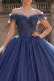 Vestido de baile ombro descoberto Vestido de Princesa Quinceañera com glitter azul-marinho