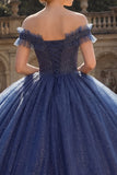 Vestido de baile ombro descoberto Vestido de Princesa Quinceañera com glitter azul-marinho