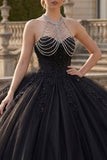 Vestido de baile preto com gola alta e glitter Princesa Quinceañera