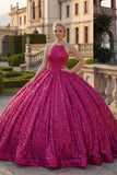 Vestido de baile cintilante fúcsia com gola de gola alta, lantejoulas, vestido de quinceañera