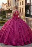 Vestido de baile cintilante fúcsia com gola de gola alta, lantejoulas, vestido de quinceañera