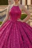 Vestido de baile cintilante fúcsia com gola de gola alta, lantejoulas, vestido de quinceañera