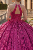 Vestido de baile cintilante fúcsia com gola de gola alta, lantejoulas, vestido de quinceañera