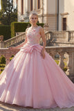 Vestido de baile cor-de-rosa, vestido de quinceanera com um ombro aplicado e franzido