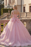 Vestido de baile cor-de-rosa, vestido de quinceanera com um ombro aplicado e franzido