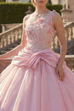 Vestido de baile cor-de-rosa, vestido de quinceanera com um ombro aplicado e franzido