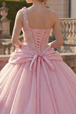 Vestido de baile cor-de-rosa, vestido de quinceanera com um ombro aplicado e franzido