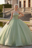 Vestido de baile verde menta com decote halter e espartilho glitter Quinceañera