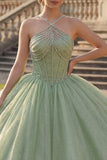 Vestido de baile verde menta com decote halter e espartilho glitter Quinceañera