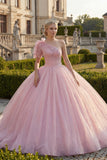 Vestido de baile de um ombro, vestido de quinceañera rosa franzido e aplicado com purinas
