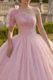 Vestido de baile de um ombro, vestido de quinceañera rosa franzido e aplicado com purinas