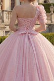 Vestido de baile de um ombro, vestido de quinceañera rosa franzido e aplicado com purinas