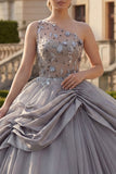 Vestido de Quinceañera Cinzento Claro de Um Ombro, Vestido de Baile Franzido