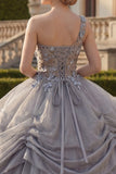 Vestido de Quinceañera Cinzento Claro de Um Ombro, Vestido de Baile Franzido