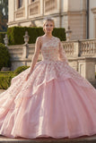 Vestido de baile cor-de-rosa, vestido de quinceanera com contas e folhos de um ombro